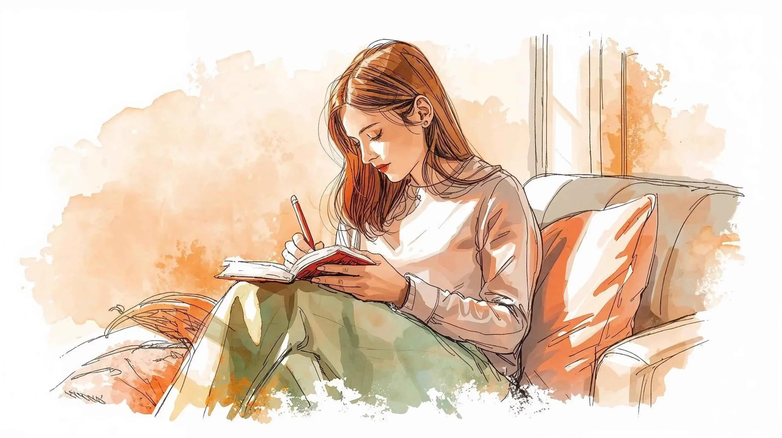 donna su un divano scrive i suoi buoni propositi su un quaderno