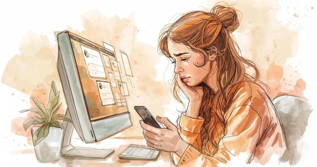 donna procrastina davanti al computer guardando lo smartphone