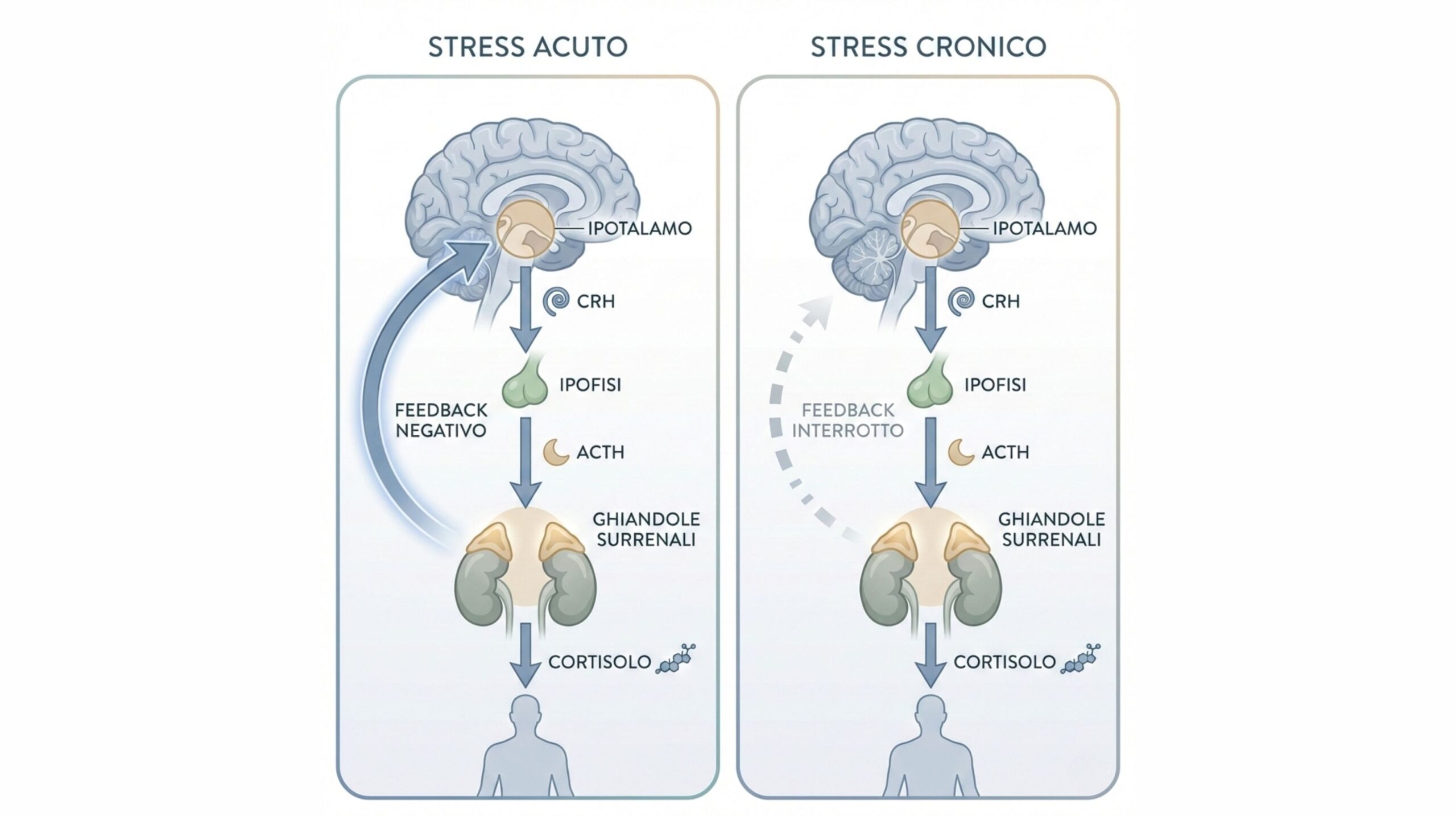 diagramma che mostra la differenza tra stress acuto e stress cronico, con l'asset ipotalamo-ipofisi-cervello che comunica e il feedback negativo interrotto nello stress cronico