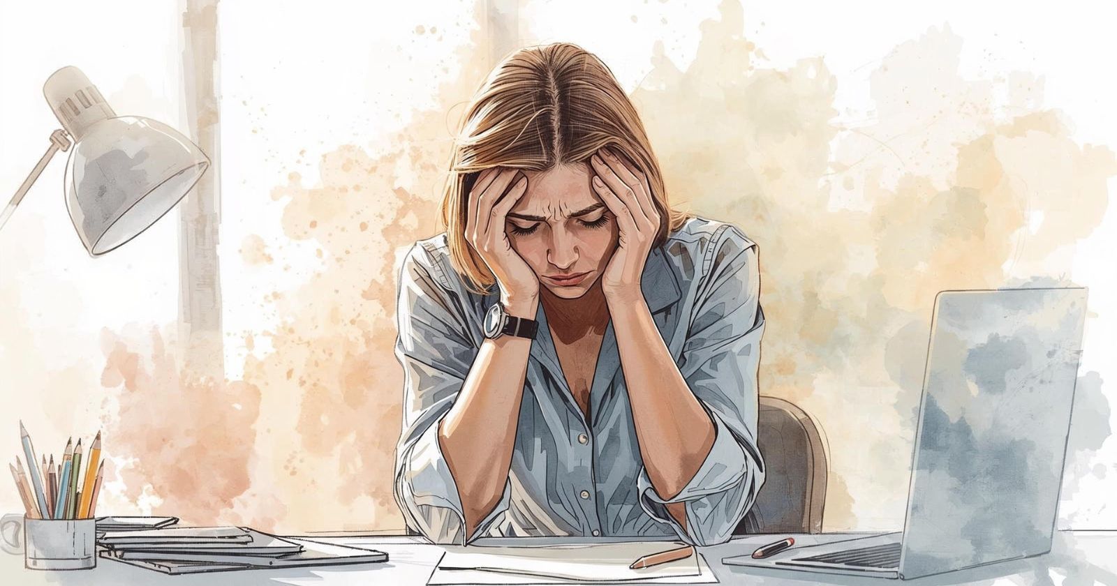 donna seduta alla scrivania, affetta da stress cronico, si prende la testa tra le mani
