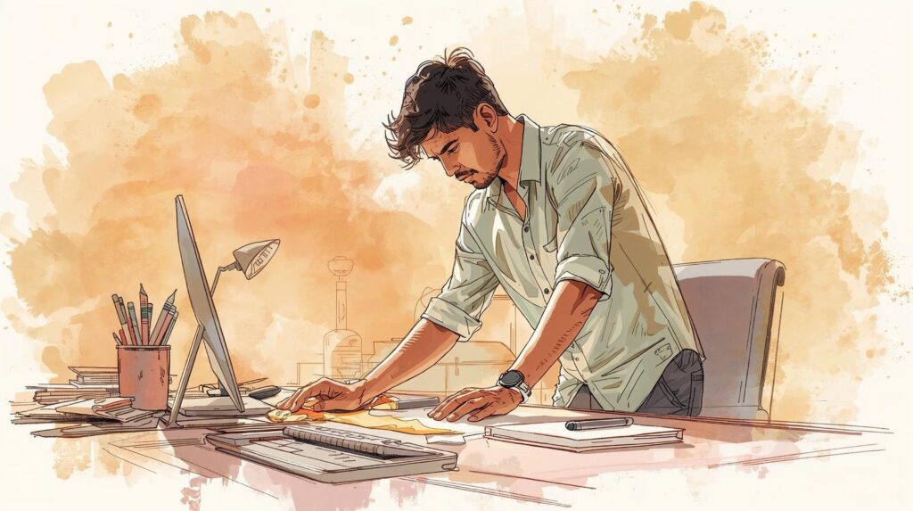 uomo pulisce la scrivania per evitare un compito difficile