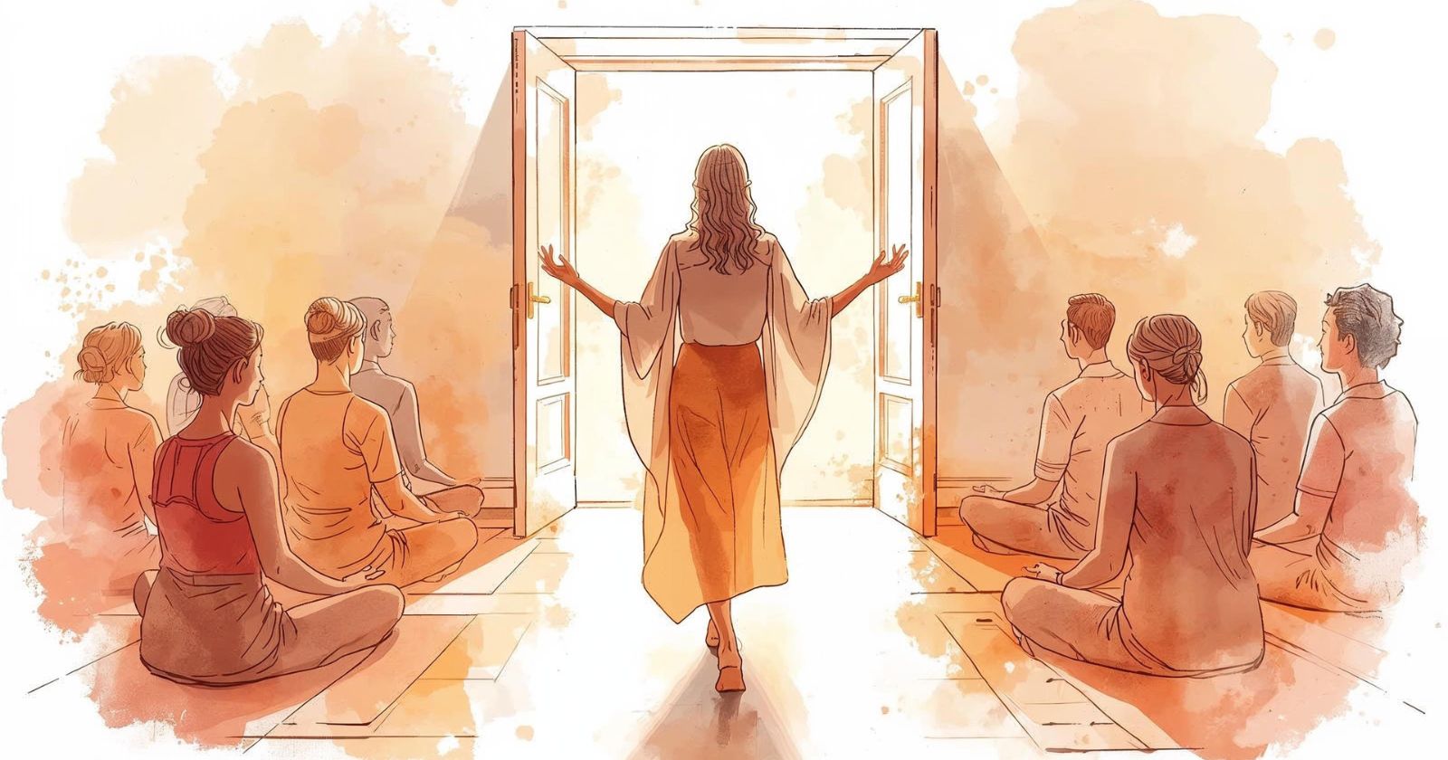 insegnante di meditazione con un'aura speciale vista di spalle e circondata dai suoi allievi