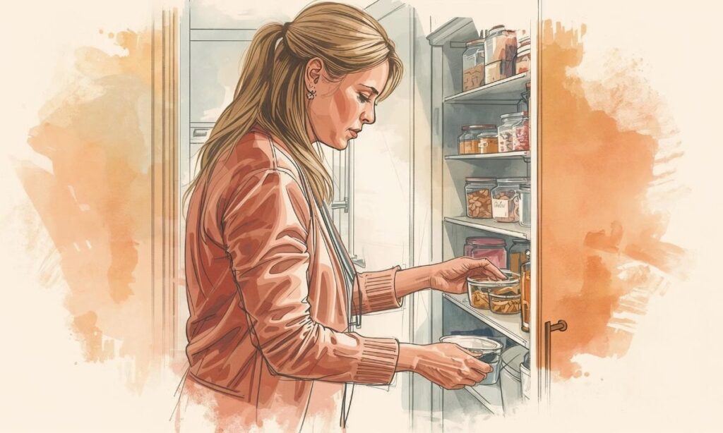 donna cerca snack in una dispensa