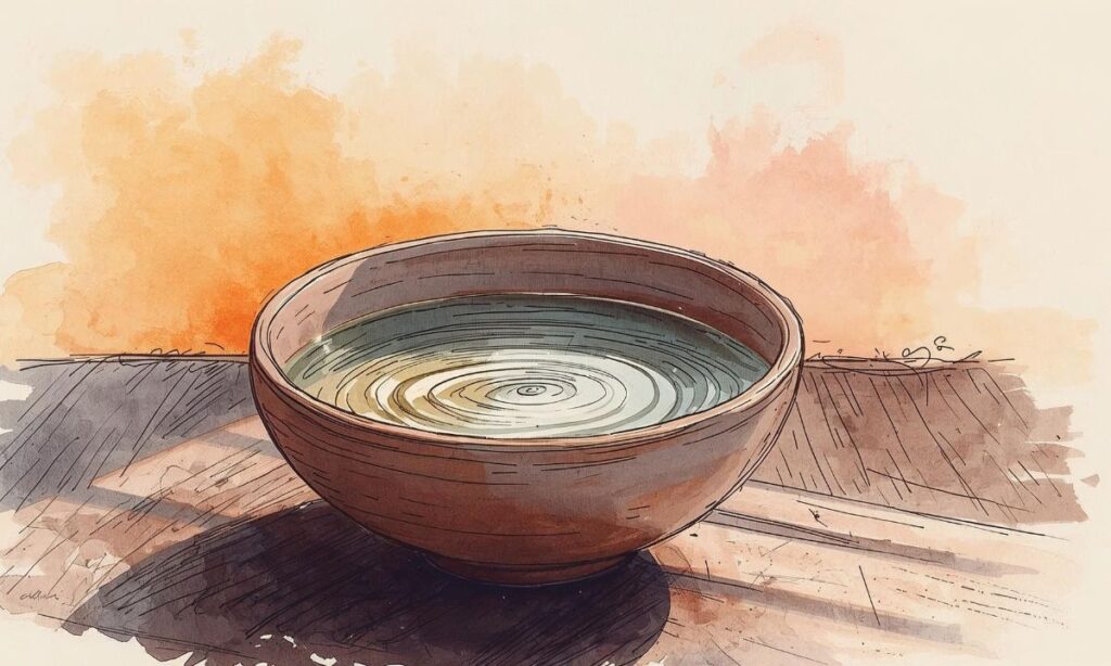 ciotola piena d'acqua che rappresenta il concetto di tanha nel buddismo (la sete che non si sazia)