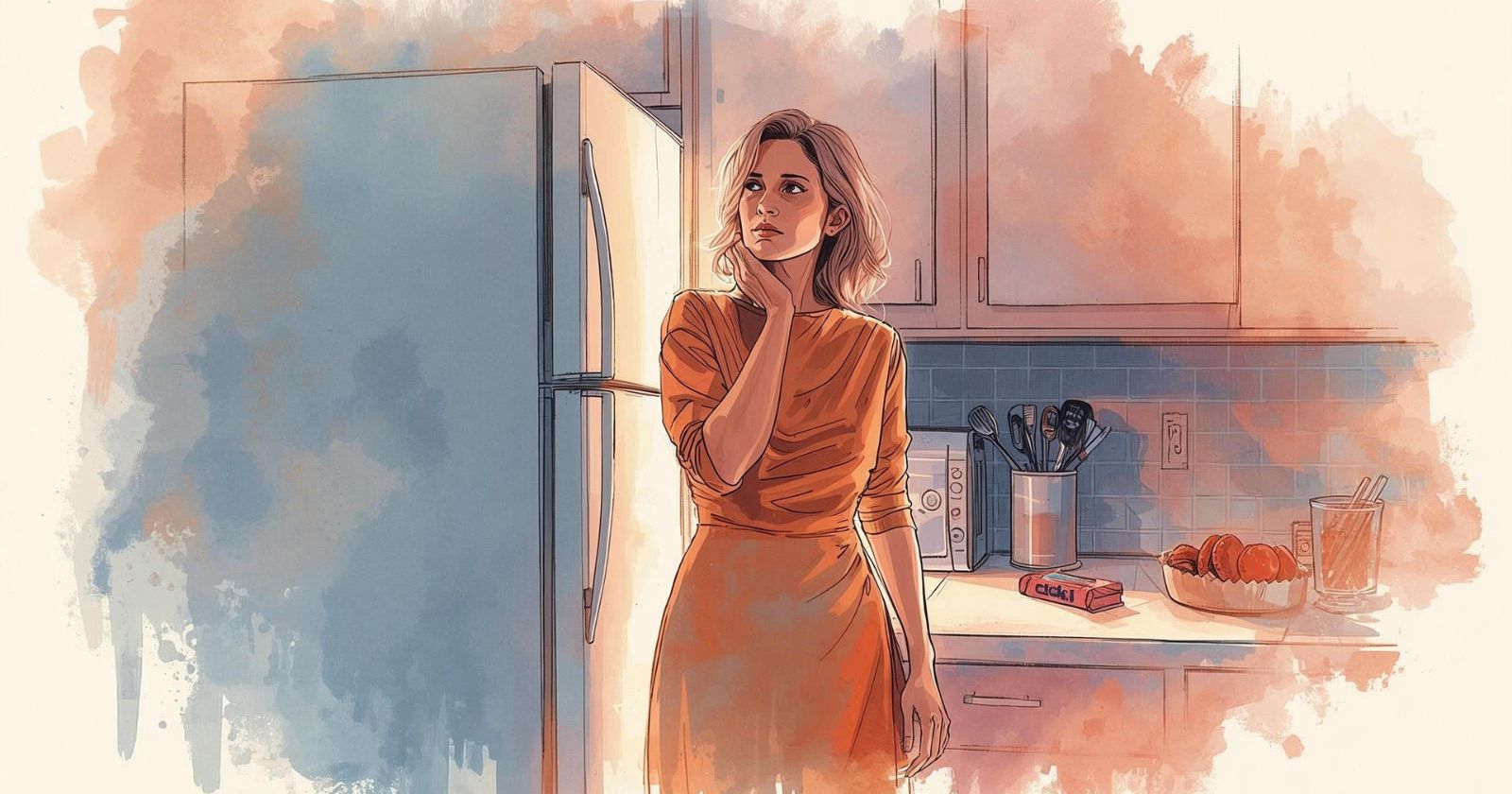 donna preoccupata davanti a un frigorifero, che rappresenta il comfort eating