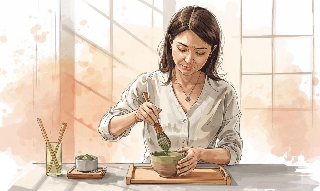 donna prepara il matcha nella sua cucina