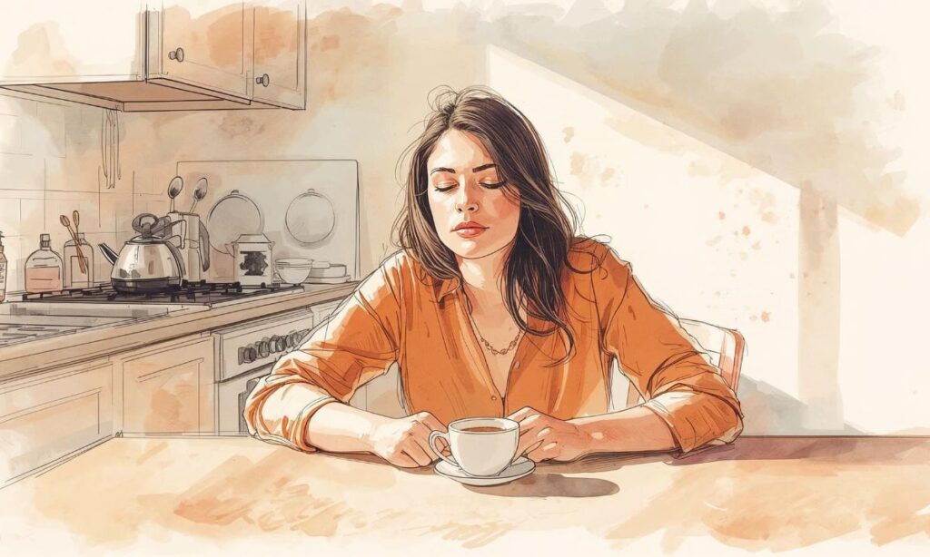 donna seduta in contemplazione davanti a una tazza di tè