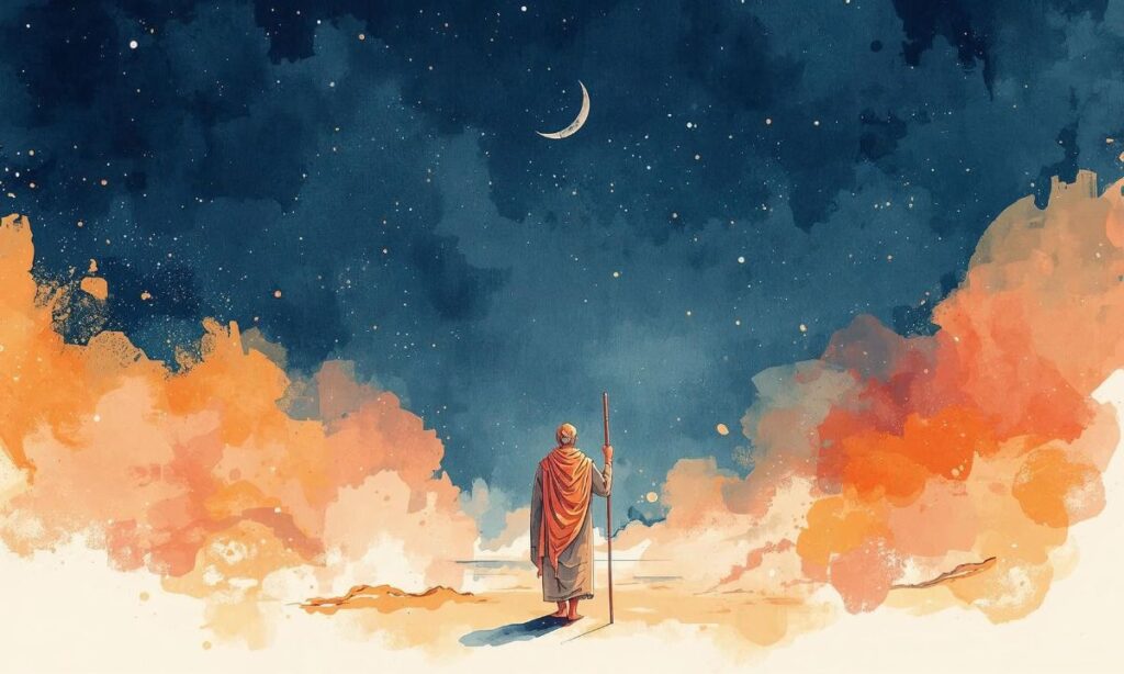 pellegrino sotto un cielo notturno oscuro