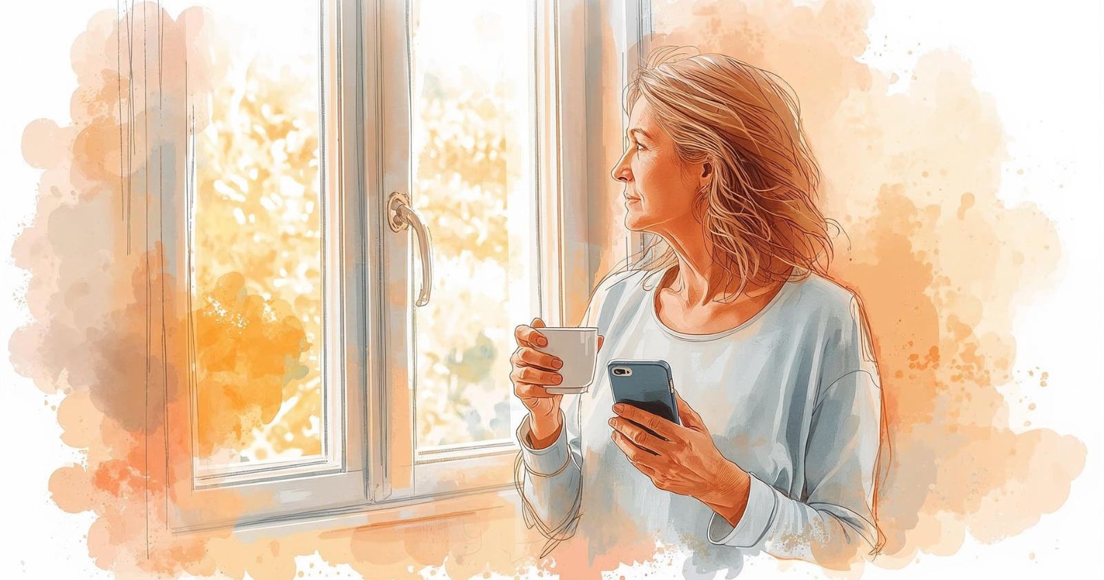 una donna guarda fuori dalla finestra al mattino con in mano lo smartphone e una tazza di caffè