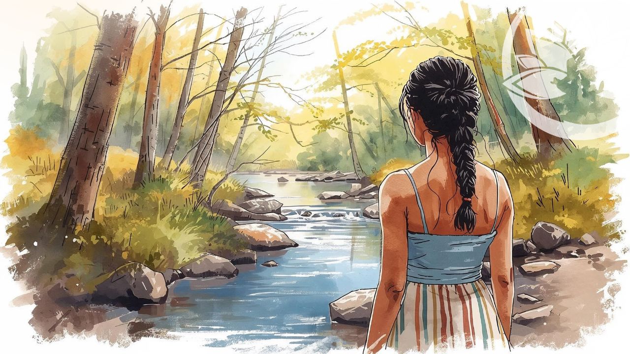 donna guarda un fiume nel bosco