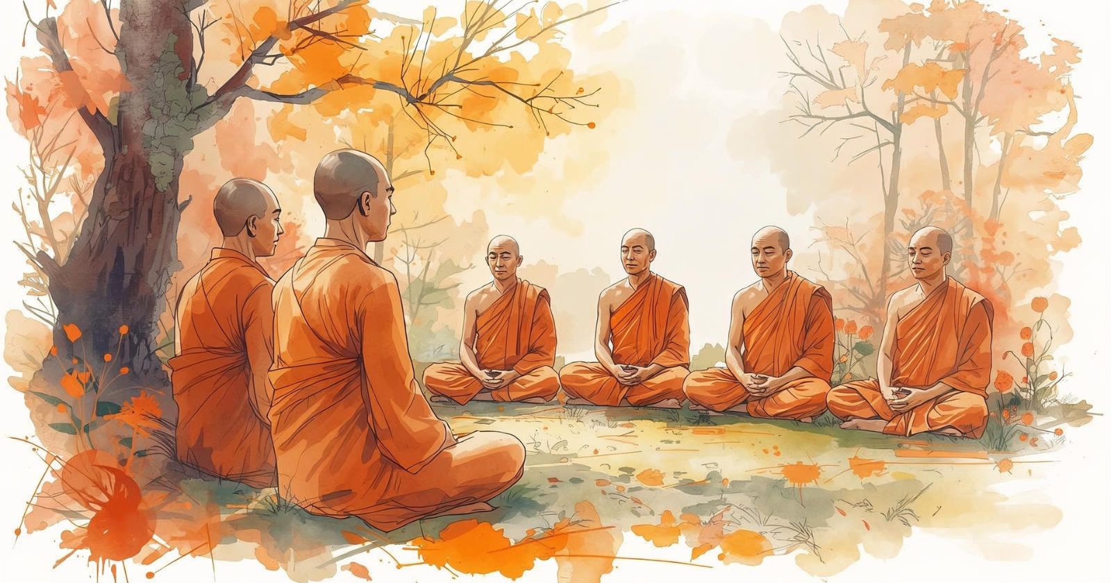 monaci tibetani seduti in meditazione in una foresta