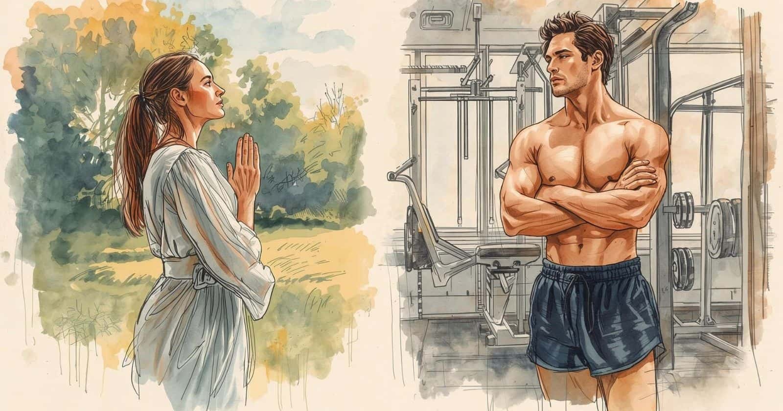 Uomo e donna che praticano meditazione all'aperto e allenamento in palestra, benessere e equilibrio.