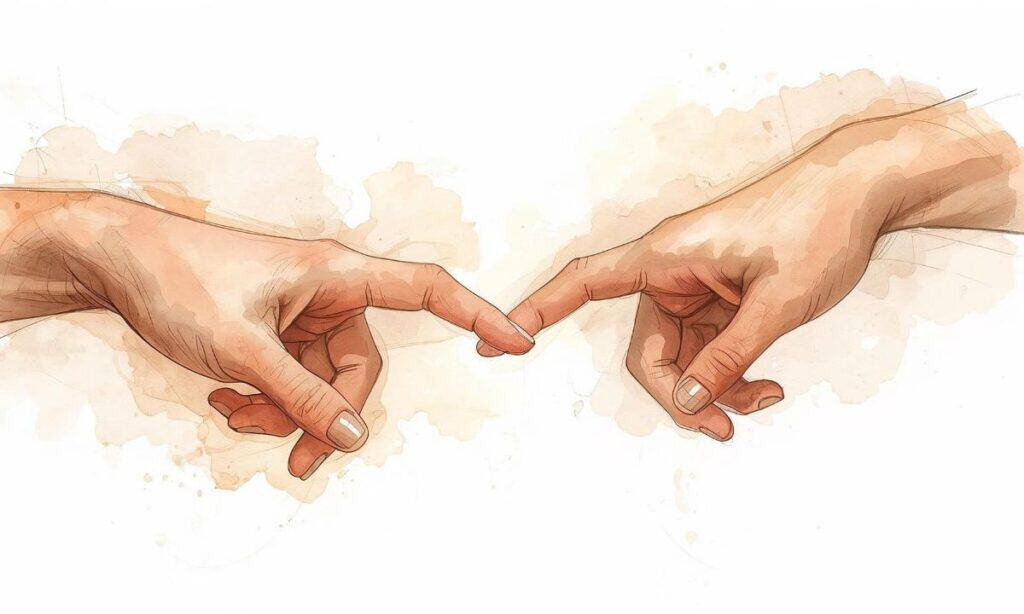 Due mani che si toccano con delicatezza, simbolo di connessione e emozione.