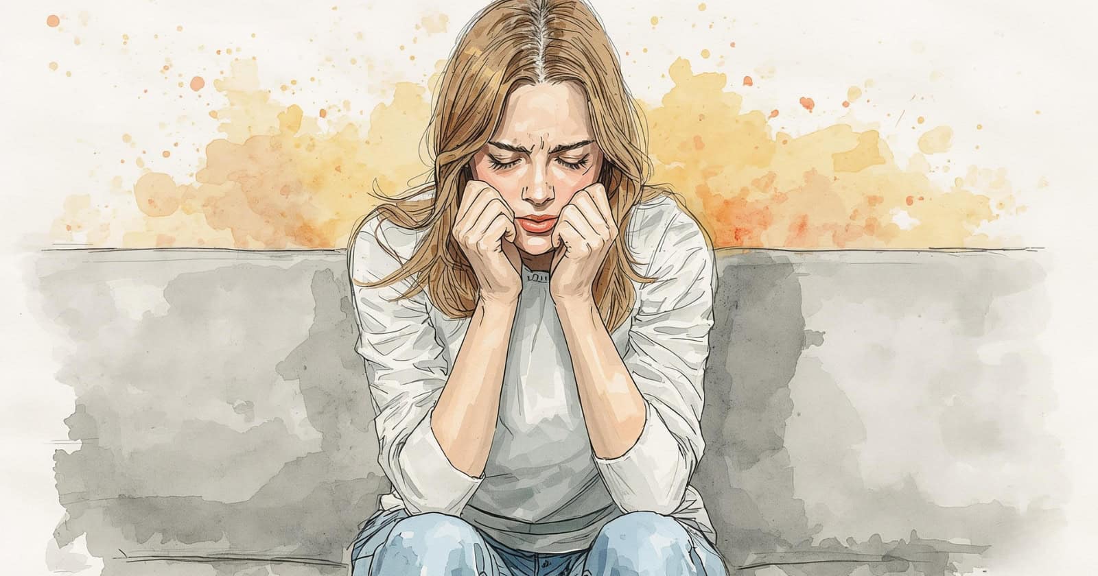 Donna ansiosa che si prende cura di sé con meditazione e rilassamento.