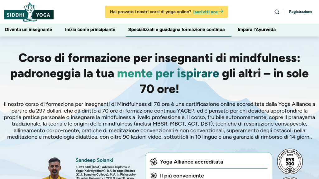 Corso di formazione mindfulness per insegnanti, 70 ore, online, certificato Yoga Alliance.