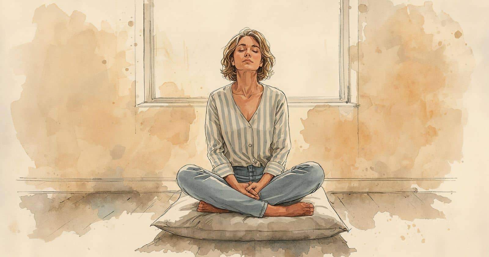 Donna in meditazione seduta in posizione di yoga, ambiente tranquillo e luminoso.