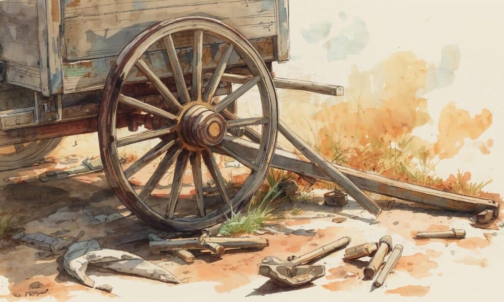 Carro abbandonato e rottami in un paesaggio naturale.