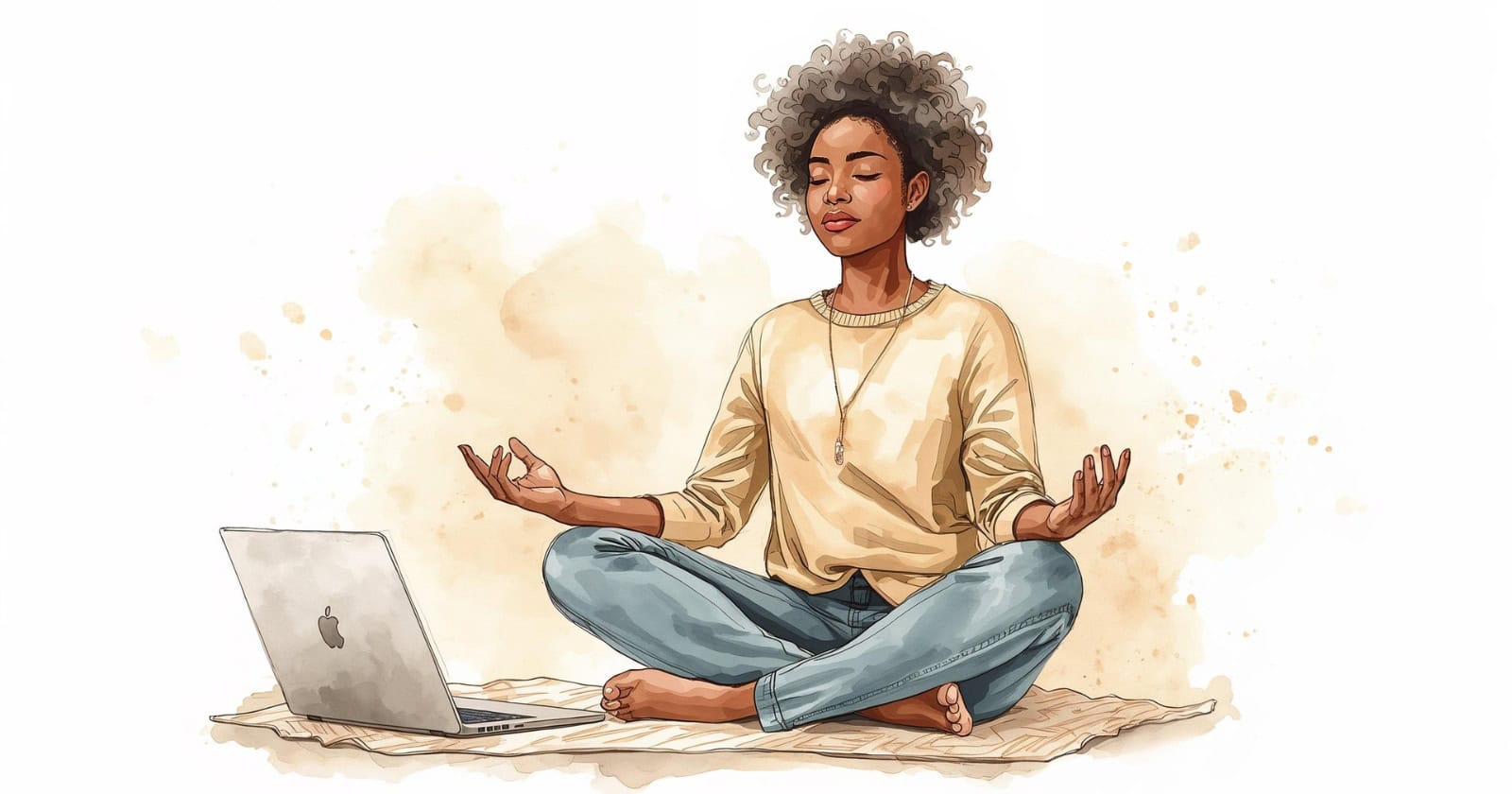 Donna che medita in posizione di yoga con laptop aperto.