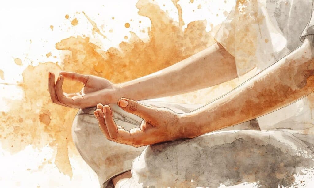 Mani in meditazione zen con sfondo astratto e colori caldi.