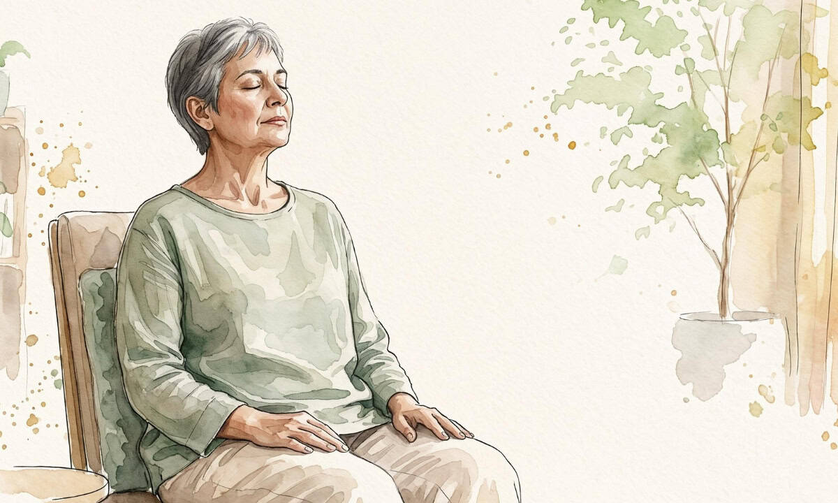 Donna anziana che medita in una stanza luminosa e tranquilla.